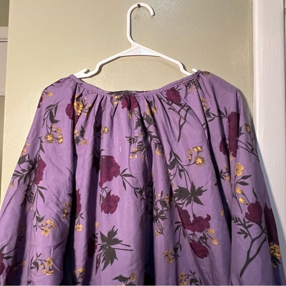 Plus Size Peasant Blouse Purple Yellow Floral Tie Neck - Picture 7 of 10